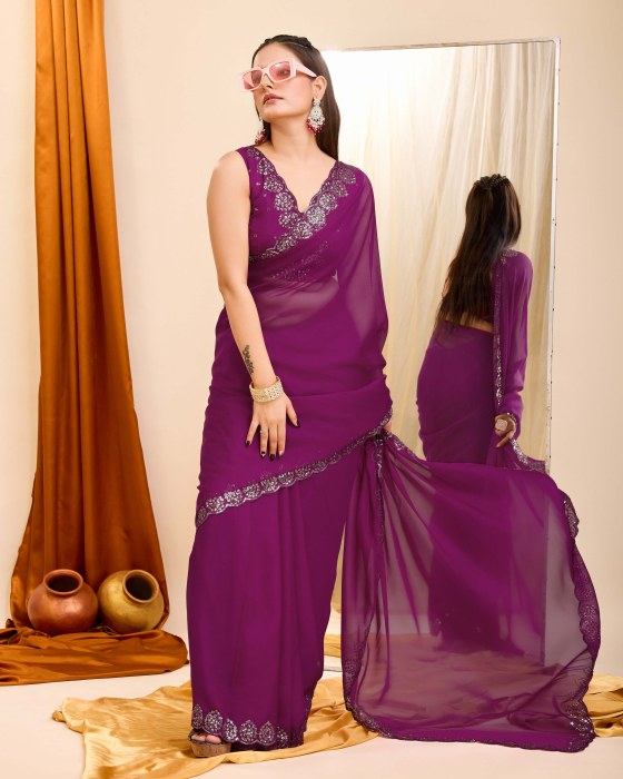 Purple Organza Silk fabric with Copper Sequins work