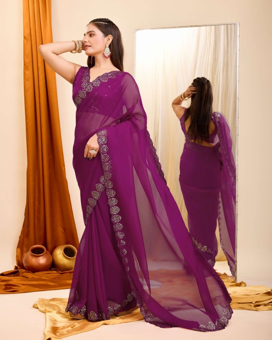 Purple Organza Silk fabric with Copper Sequins work Net Sarees