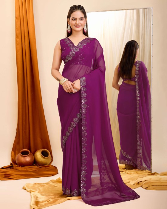 Purple Organza Silk fabric with Copper Sequins work Net Sarees