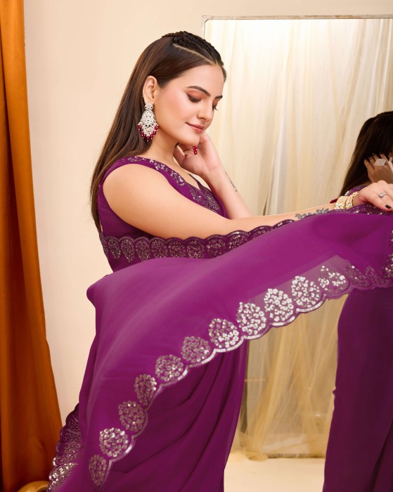 Purple Organza Silk fabric with Copper Sequins work Net Sarees