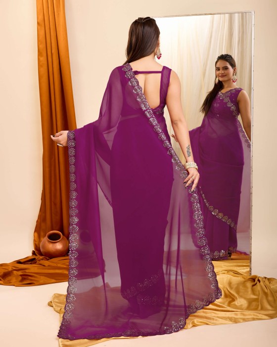 Purple Organza Silk fabric with Copper Sequins work Net Sarees