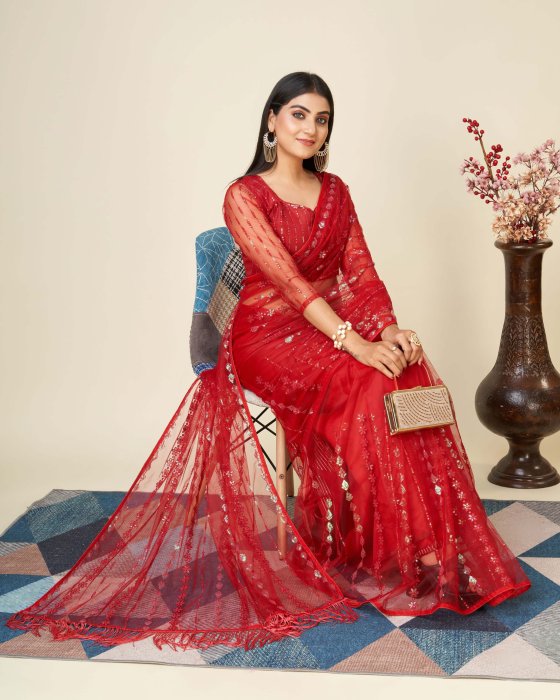 Red Net fabric Embroidery work Rasam Sarees