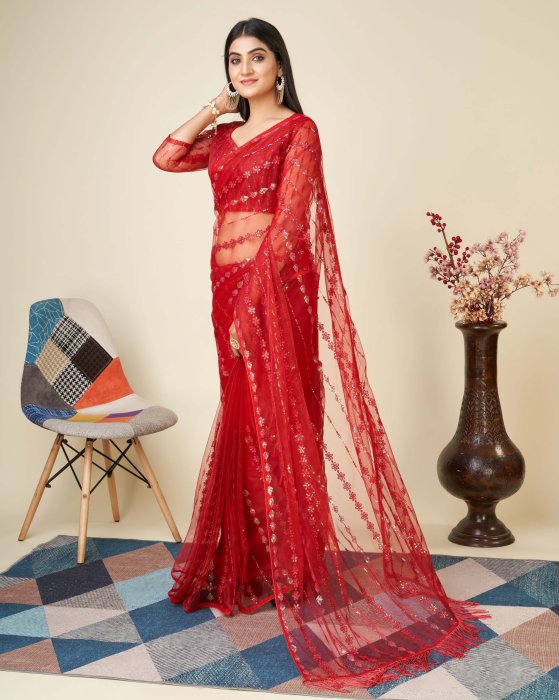 Red Net fabric Embroidery work Rasam Sarees Net Sarees