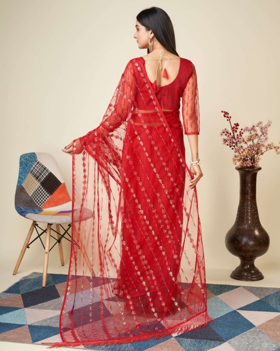 Red Net fabric Embroidery work Rasam Sarees Net Sarees