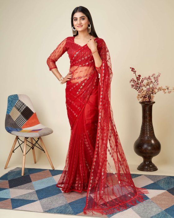 Red Net fabric Embroidery work Rasam Sarees Net Sarees