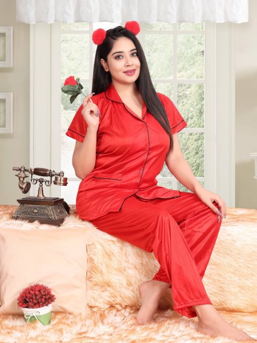 red satin plan with piping night suit satin night suit