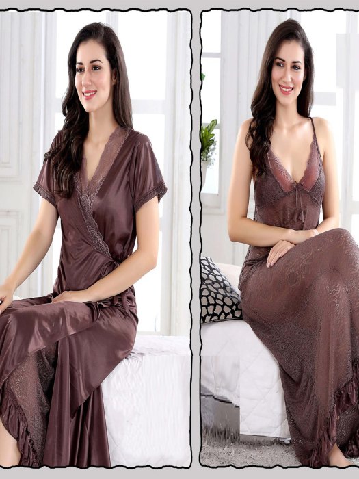 robe with net slip 2pic bridal brown color 2 pic fancy bridal robe set
