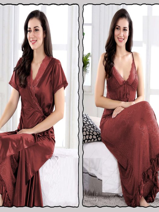 robe with net slip 2pic bridal maroon color 2 pic fancy bridal robe set