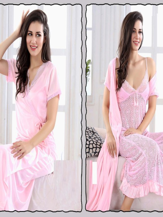 robe with net slip 2pic bridal pink color 2 pic fancy bridal robe set