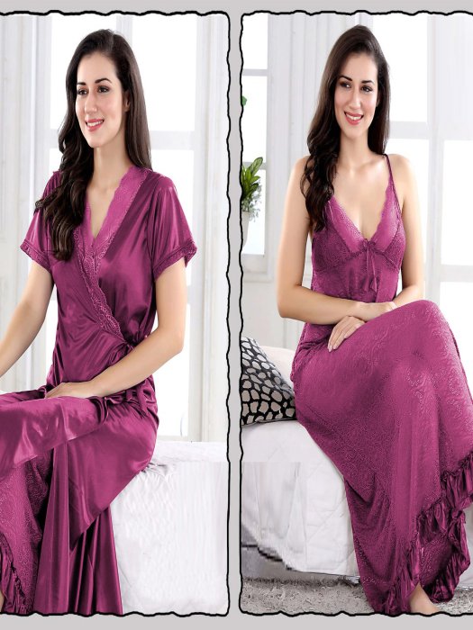 robe with net slip 2pic bridal purple color 2 pic fancy bridal robe set