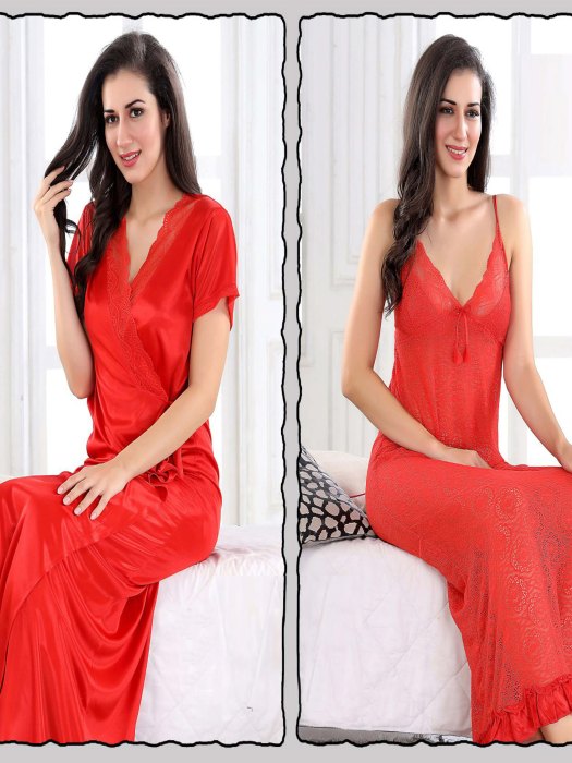 robe with net slip 2pic bridal red color bridal night wear