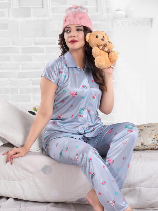 satin heart printed lgrey night suit satin night suit