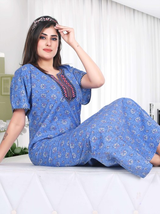 sky blue cotton night maxi printed with embroidery design 