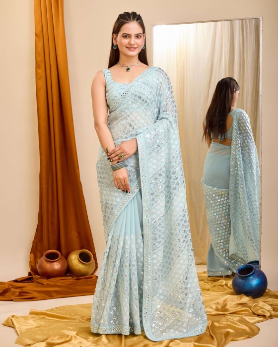 Sky Blue Georgette  fabric with C pallu All Over Sequence Work