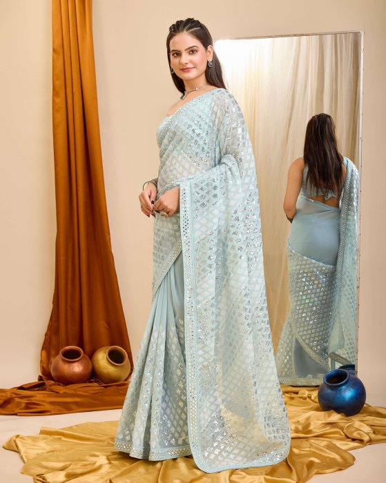 Sky Blue Georgette  fabric with C pallu All Over Sequence Work Net Sarees