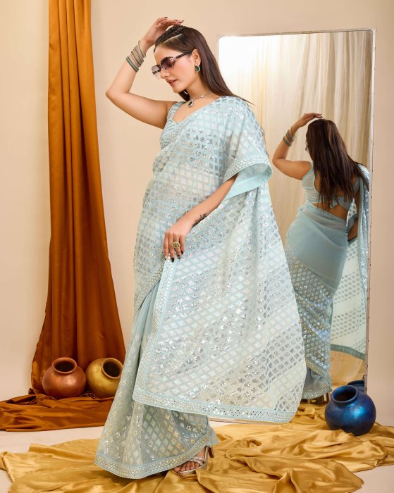 Sky Blue Georgette  fabric with C pallu All Over Sequence Work Net Sarees