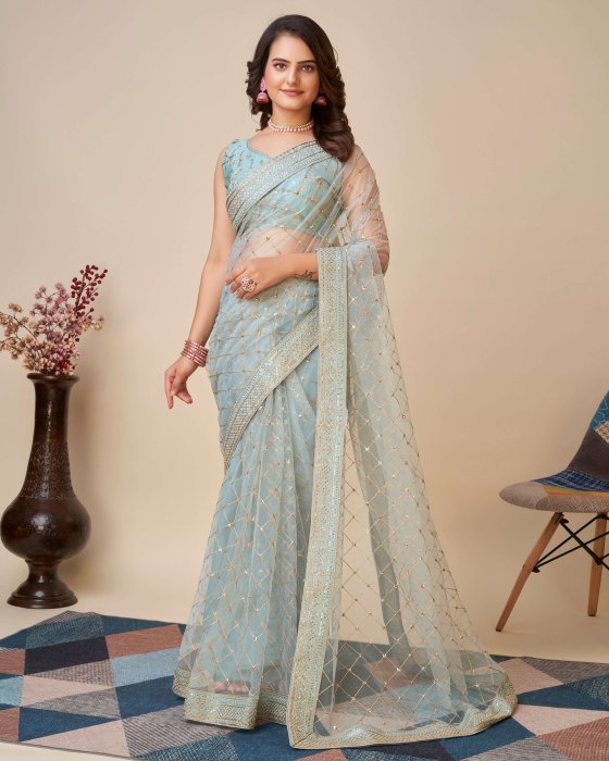 Sky Blue Net fabric Embroidery work Sarees Net Sarees