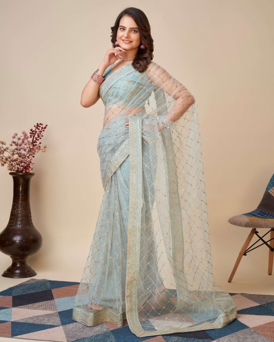 Sky Blue Net fabric Embroidery work Sarees Net Sarees