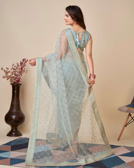 Sky Blue Net fabric Embroidery work Sarees Net Sarees