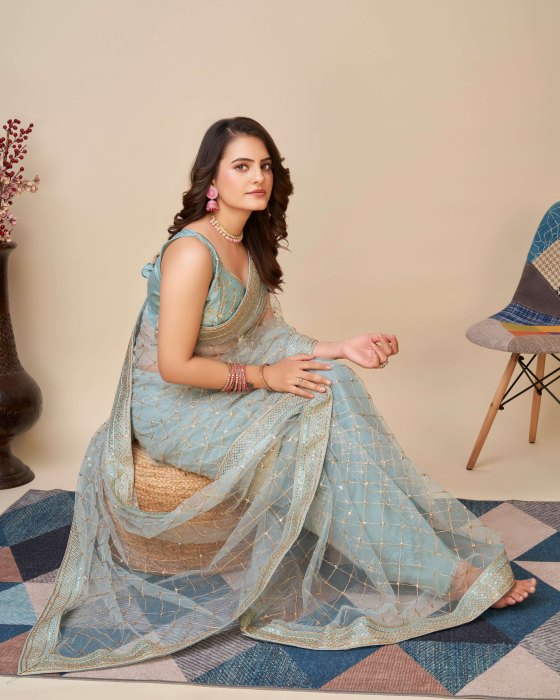 Sky Blue Net fabric Embroidery work Sarees Net Sarees