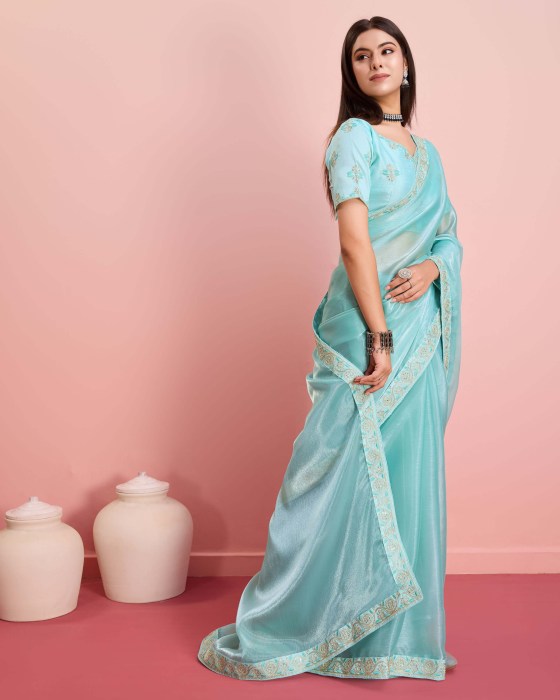 Sky Blue Party Wear Soft Premium Burberry silk Saree Net Sarees