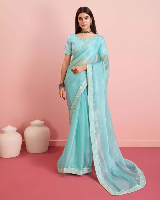 Sky Blue Party Wear Soft Premium Burberry silk Saree Net Sarees