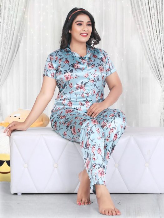 skyblue satin flowe with padre printed night suit women night suit