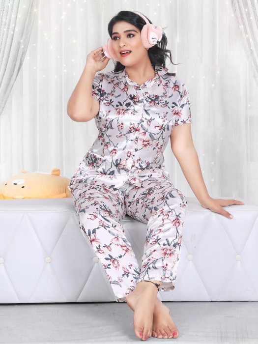 white satin flowe with padre printed night suit women night suit