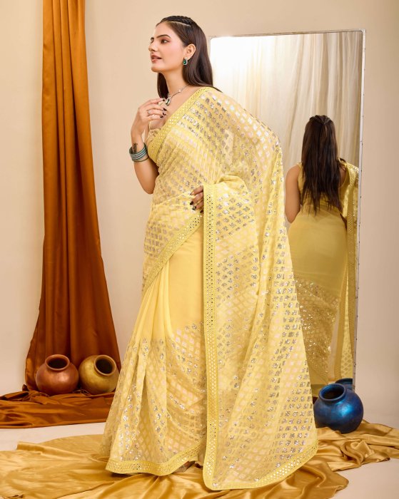 Yellow Georgette  fabric with C pallu All Over Sequence Work