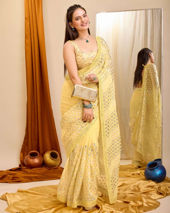 Yellow Georgette  fabric with C pallu All Over Sequence Work Net Sarees