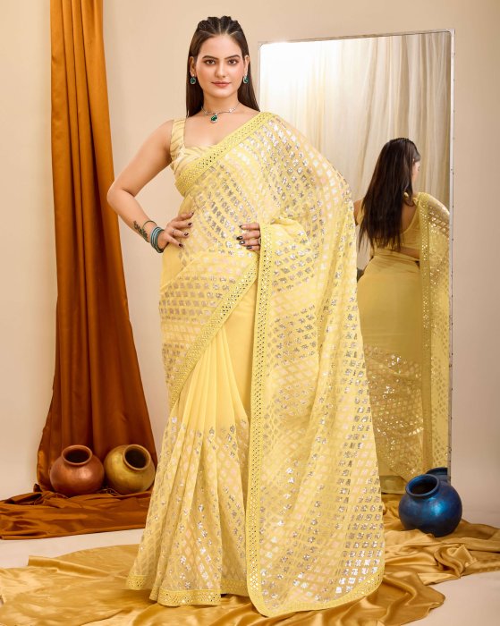 Yellow Georgette  fabric with C pallu All Over Sequence Work Net Sarees