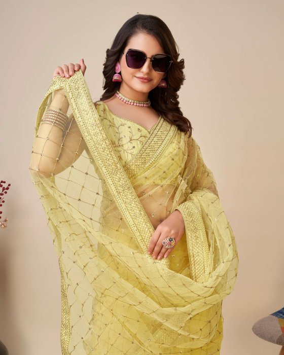 Yellow Net fabric Embroidery work Sarees