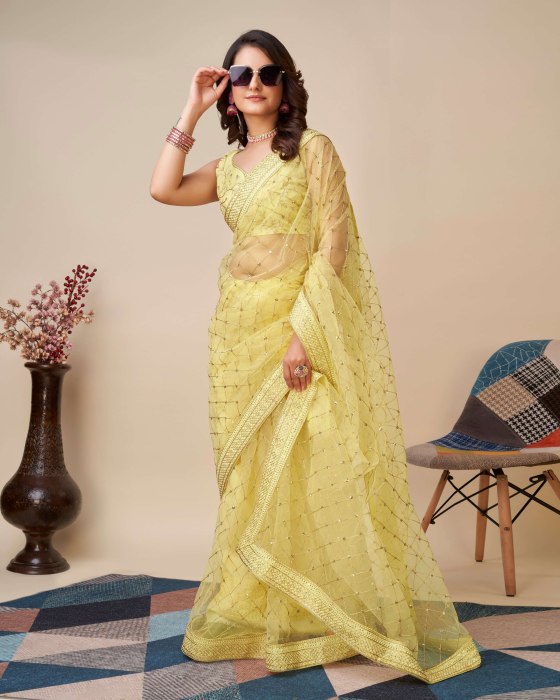 Yellow Net fabric Embroidery work Sarees Net Sarees