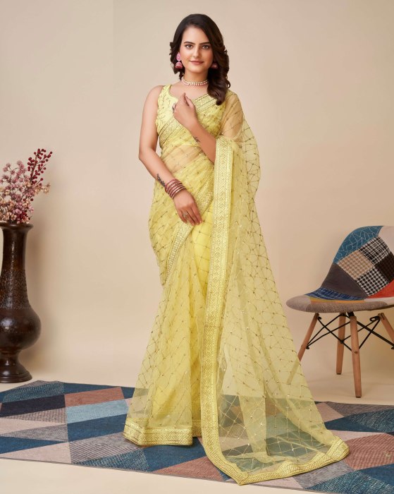 Yellow Net fabric Embroidery work Sarees Net Sarees