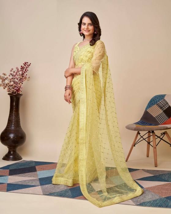 Yellow Net fabric Embroidery work Sarees Net Sarees