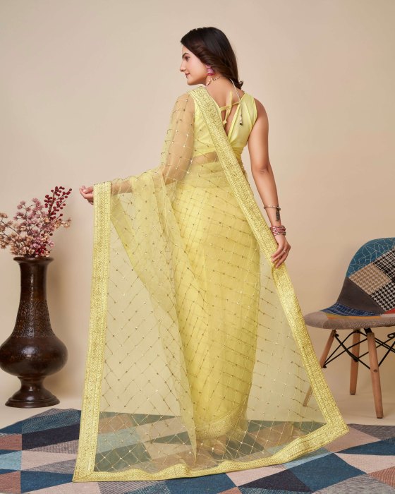 Yellow Net fabric Embroidery work Sarees Net Sarees