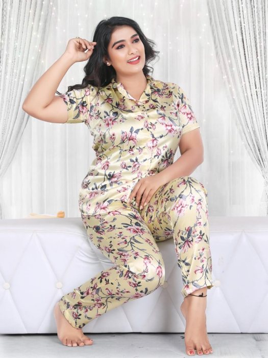 yellow satin flowe with padre printed night suit women night suit