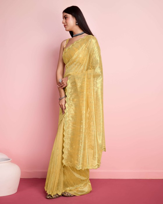 Yellow Silver Twill  Net fabric with Sequins work Saree Sarees