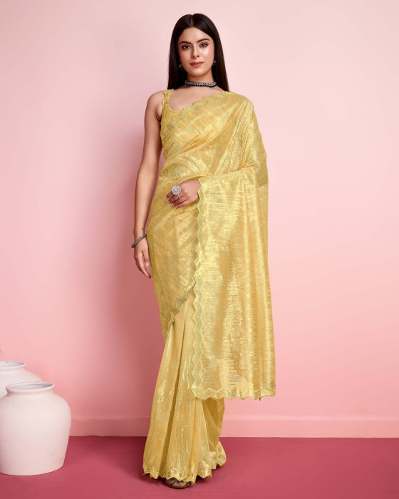 Yellow Silver Twill  Net fabric with Sequins work Saree Net Sarees